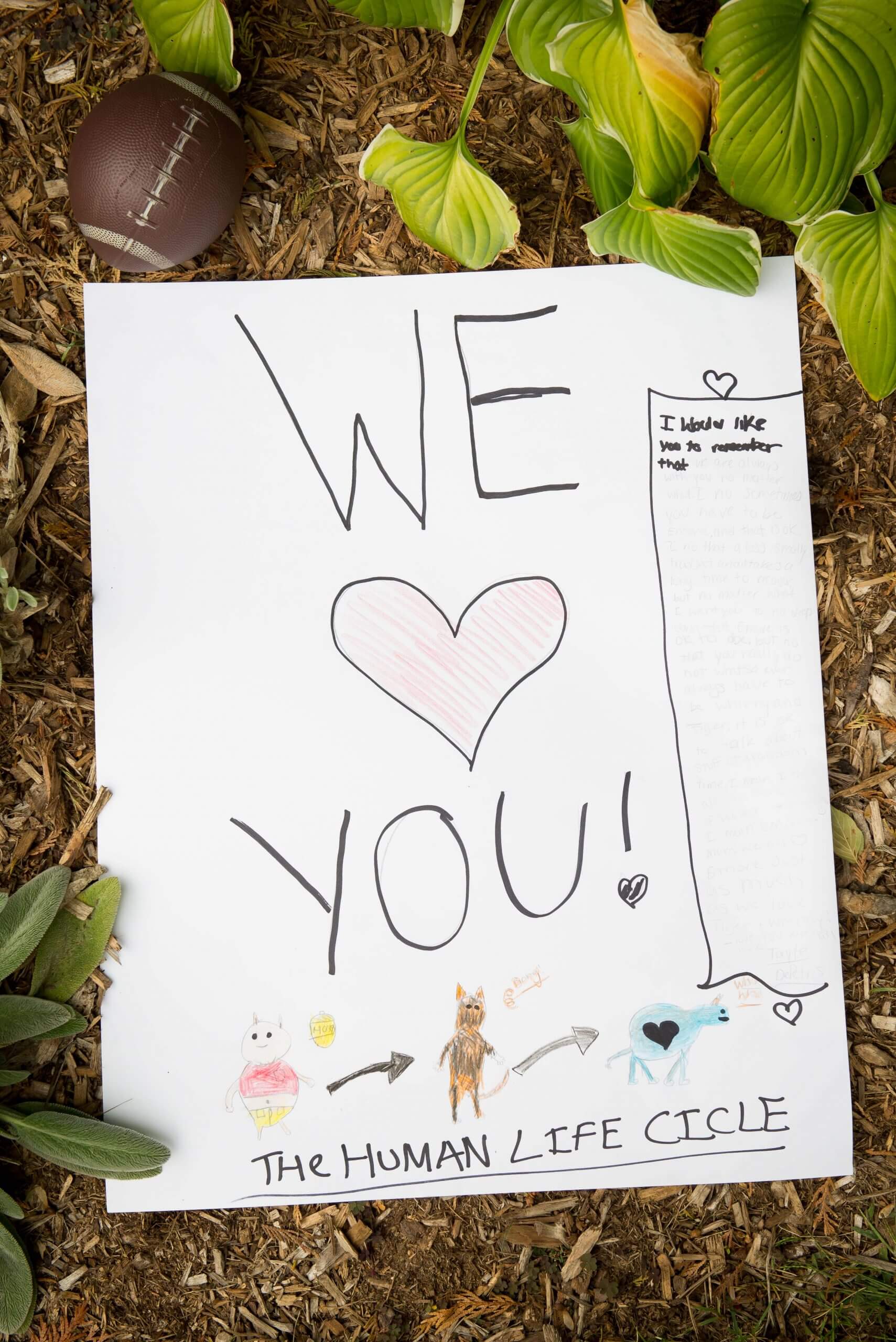 A child's hand written note reads, "We love you!" followed by drawings from left to right as follows: Piglet, right arrow, Tigger, right arrow, Eeyore. Below the drawing, text reads, "The human lifecycle."