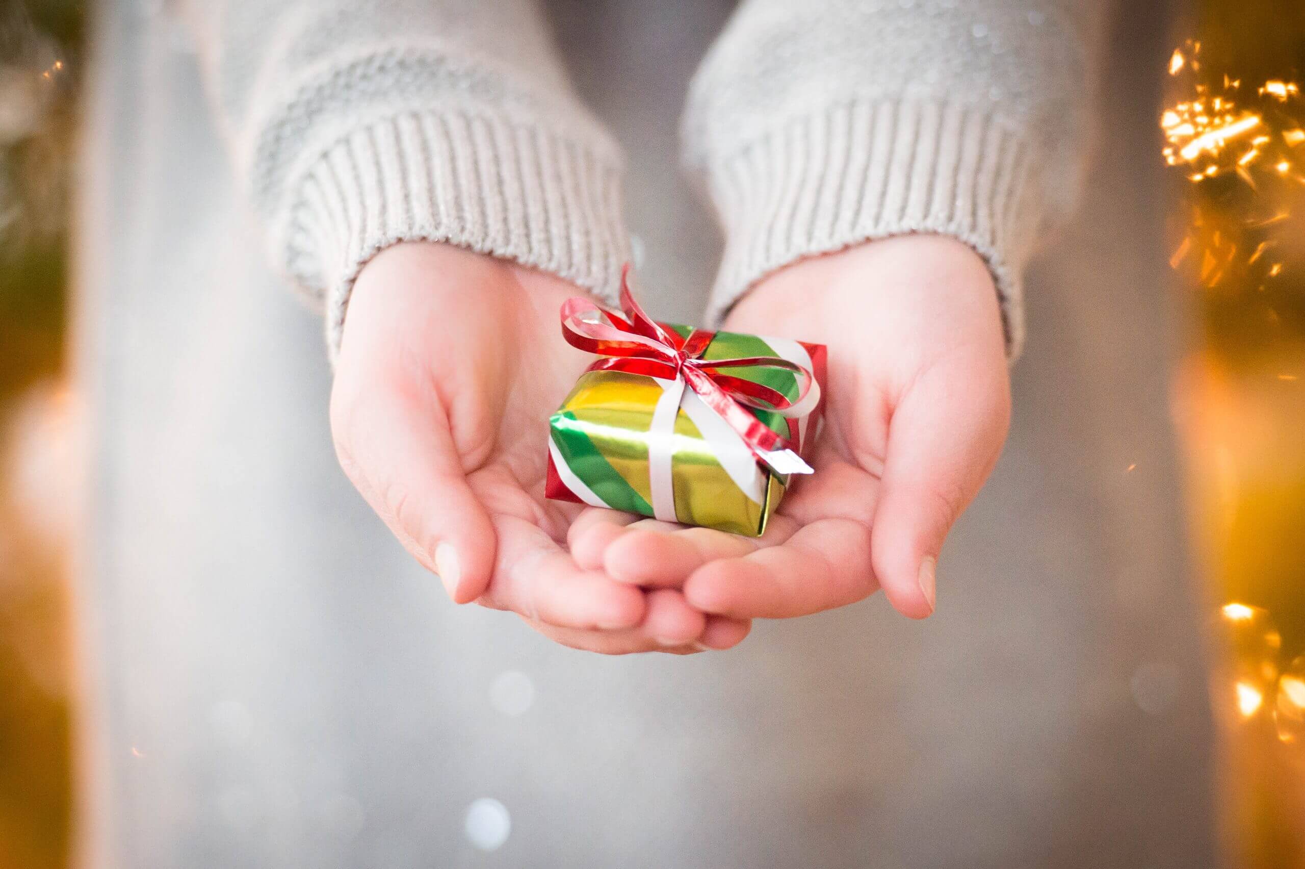 A view of hands holding out a gift.