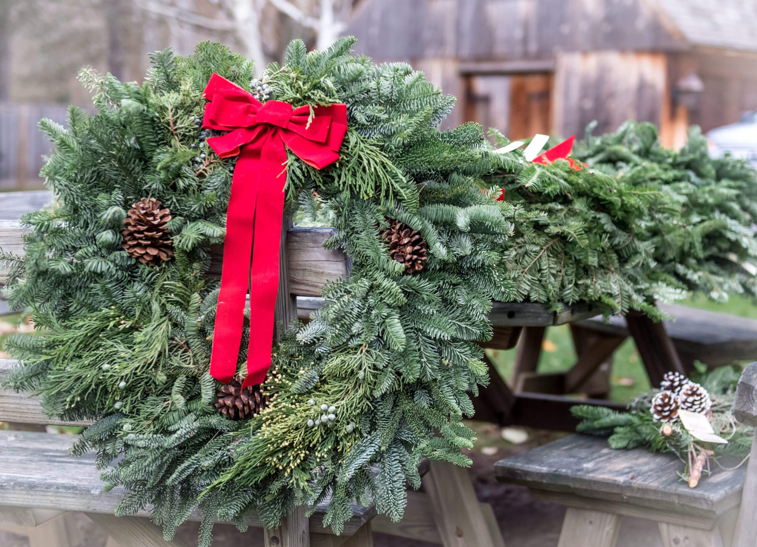 Several evergreen Christmas wreaths are on a picnic table.