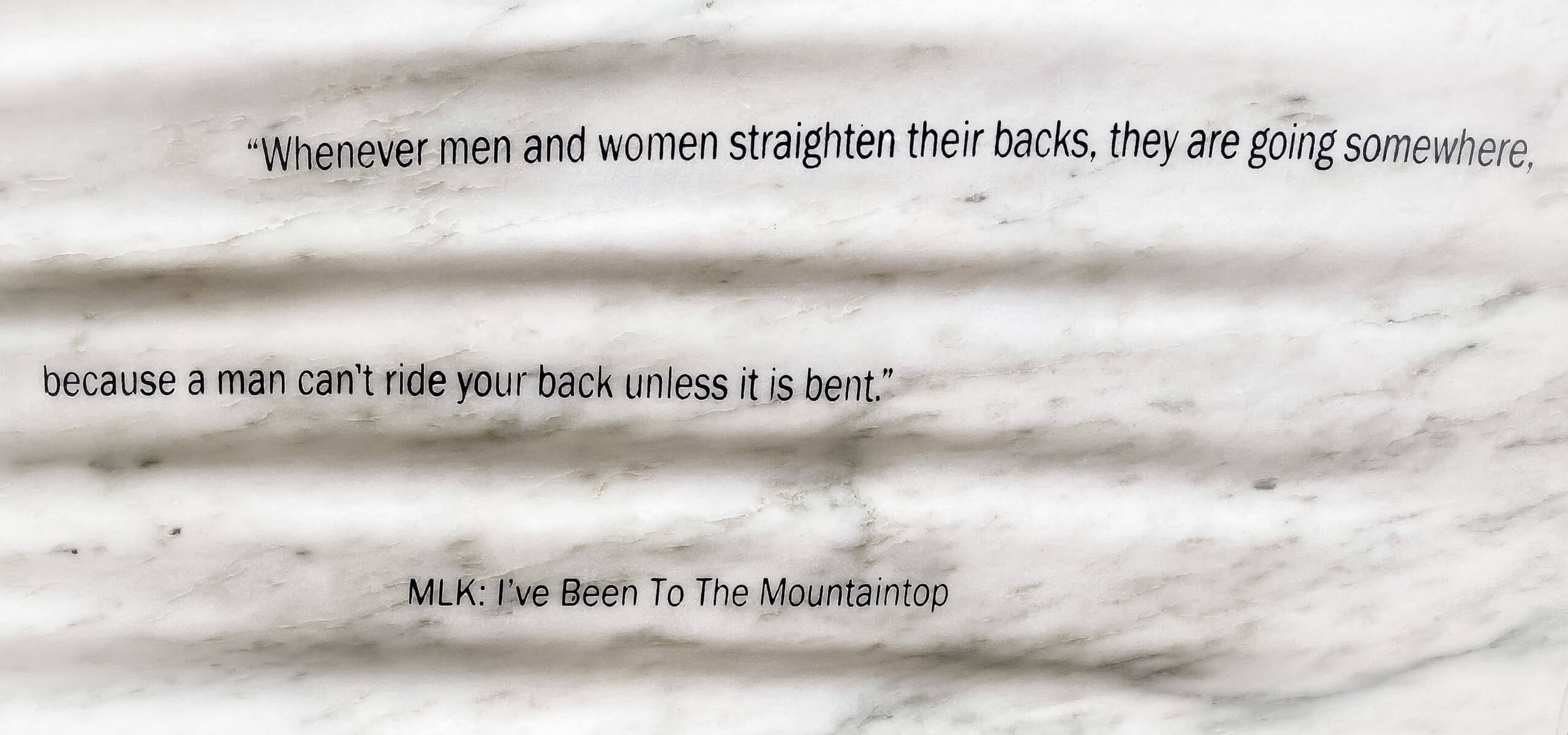 Lines of text from I've Been to the Mountaintop by MLK, the quote reads, "Whenever men and women straighten their backs, they are going somewhere, because a man can't ride your back unless it is bent."
