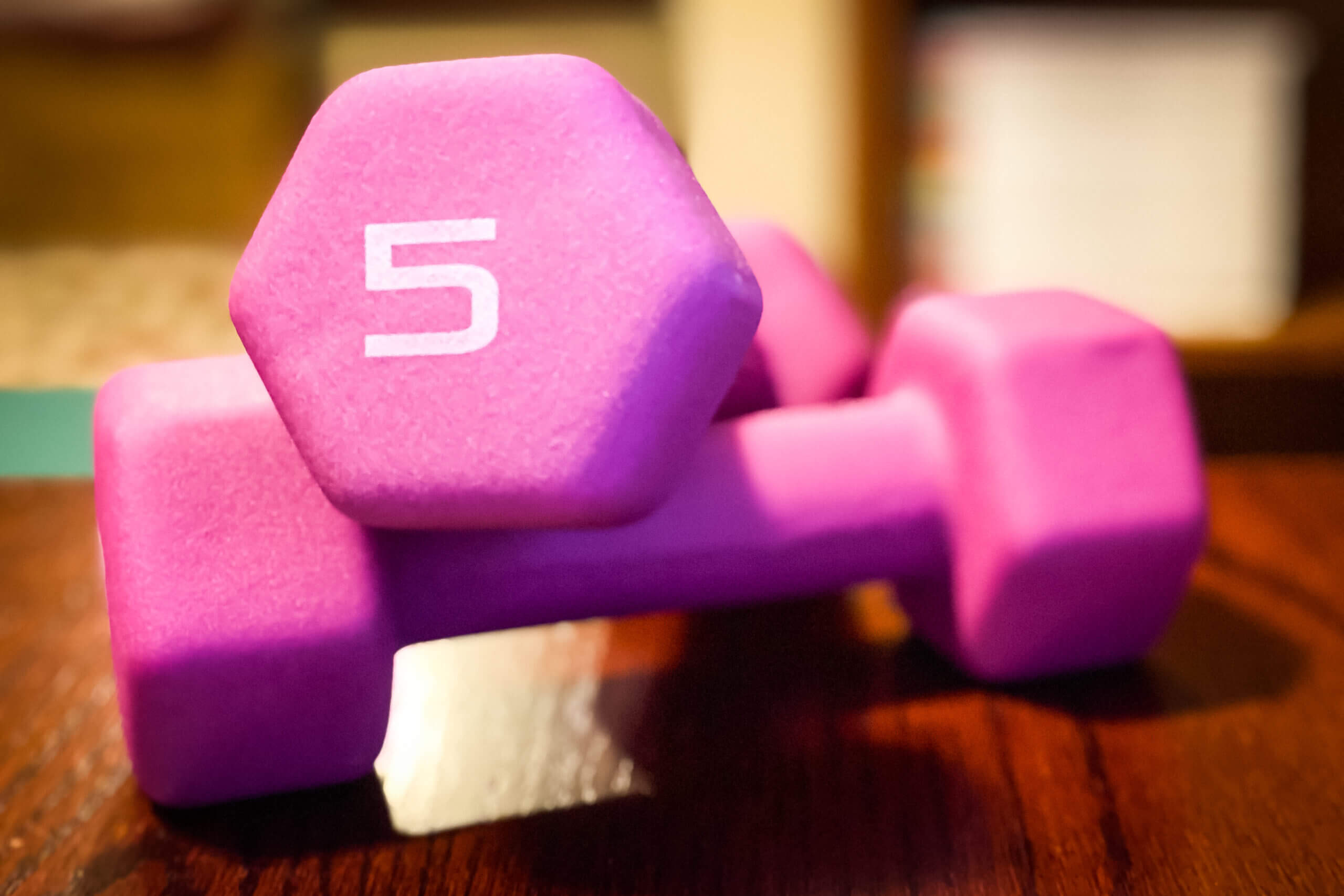 A pair of five pound free weights stacked on the floor.