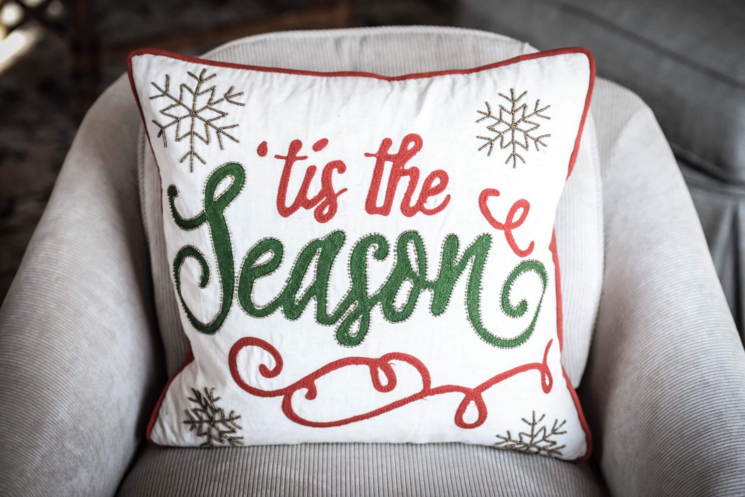 A view of a pillow on a seat. The pillow reads "tis the season" in red and green text.