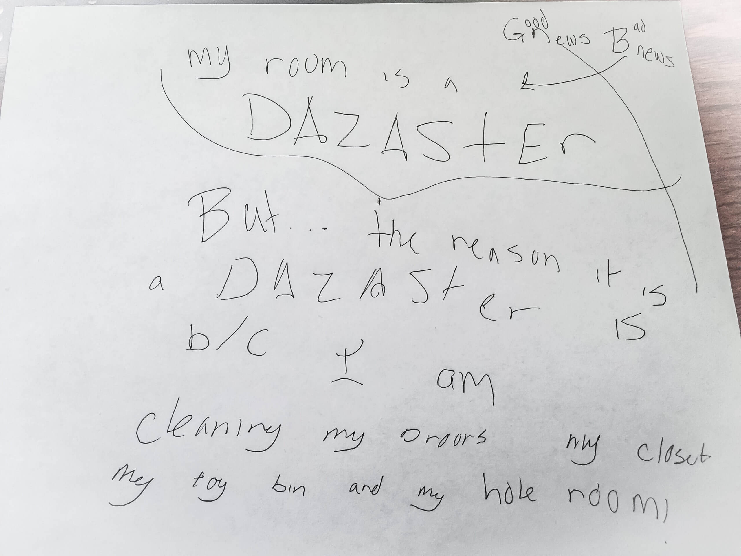 A note on white paper in children's handwriting with the word disaster spelled with a "z". The note reads, "Good new, bad news. My room is a disaster but the reason it is a disaster is because I am cleaning my closet, my toy bin and my whole room."