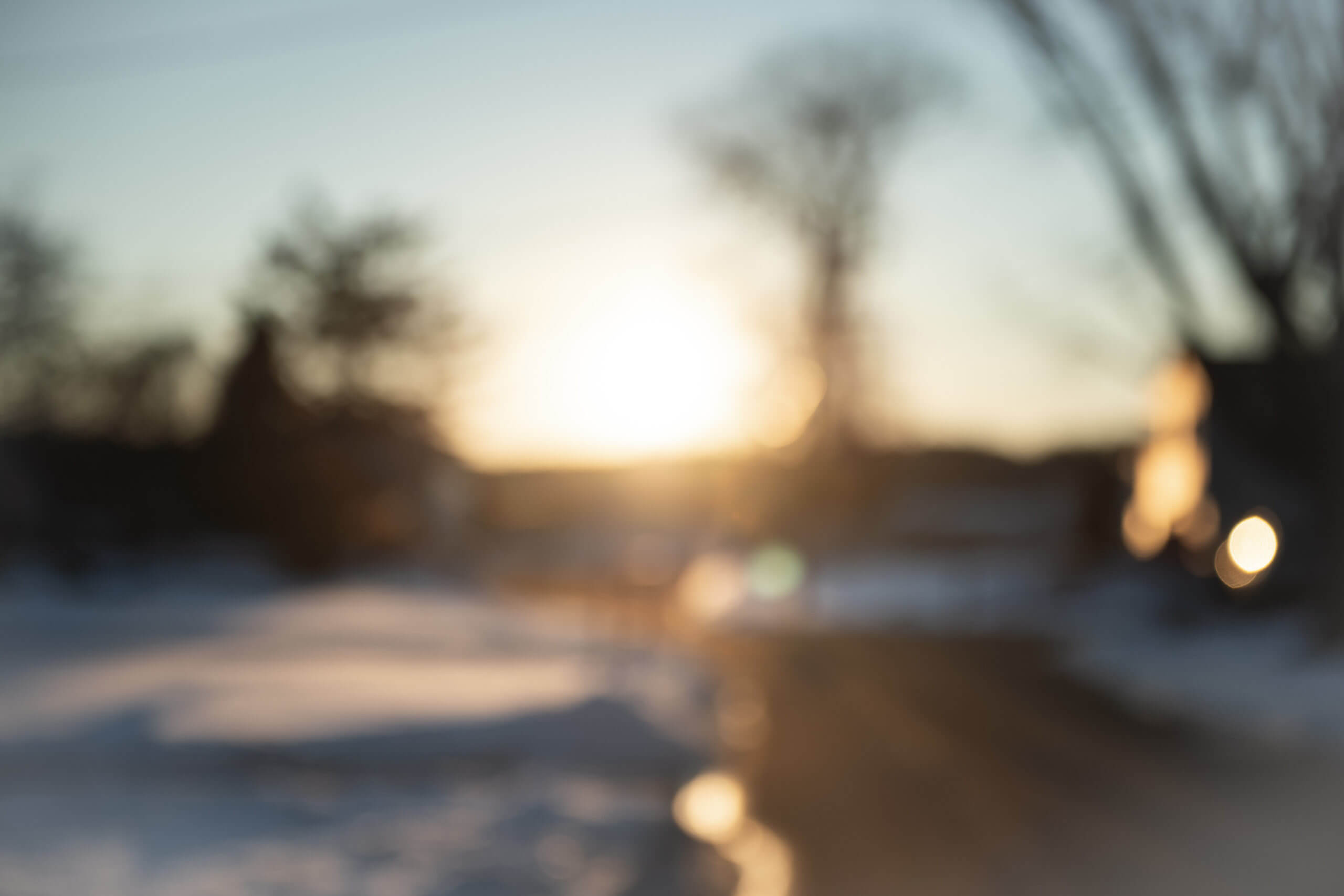 Color photo of a winter scene completely out of focus. It's of a sunset with bare trees and snow on the ground.
