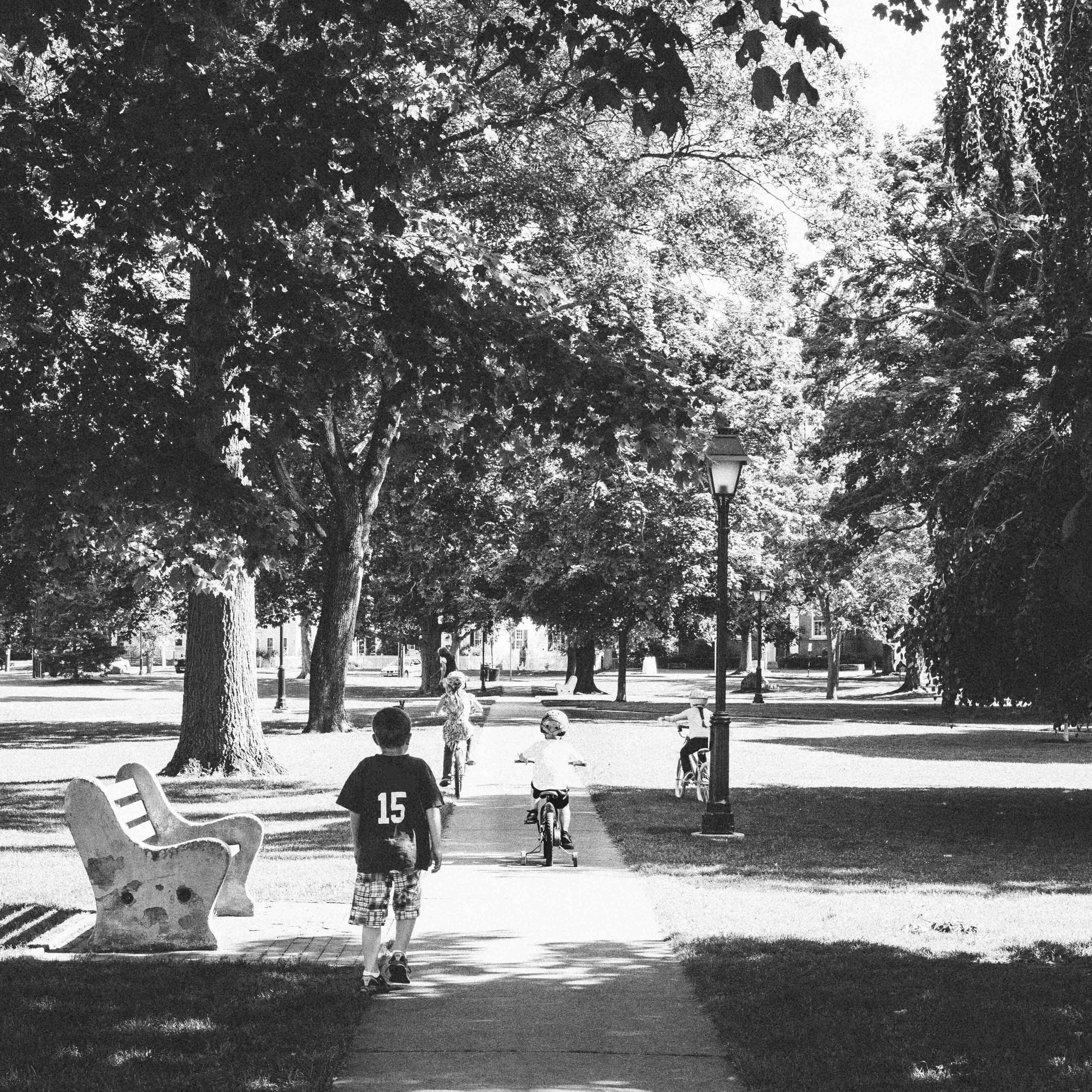 1x1 black and white photo of a town green tree-lined sidewalk with three little white kids riding bicycles and one white boy on foot.